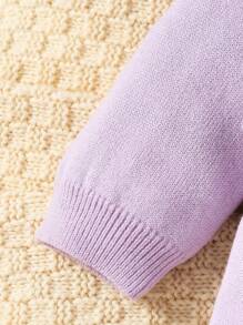 SHEIN Elladie kids Pelele de punto con cuello alto y pies para bebé niña, mono de manga larga con abotonadura a presión, decoración floral con volantes, cómodo y cálido para otoño/invierno, casual/formal, beige/caqui - Morado - Ver 4