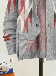Manfinity Homme Men's Casual Geometric Pattern Cardigan, Autumn/Winter - Grey - View 3