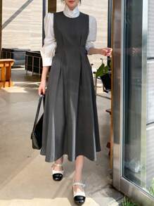 DAZY Đầm dài vừa phải không tay cổ tròn màu trơn cho nữ - Màu xám đen - Xem 1