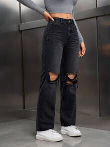 SHEIN Tall Quần Jeans Denim Nữ Thường Ngày Có Túi Cài Nút Phía Trước, Kiểu Dáng Cơ Bản - màu đen - Xem 5