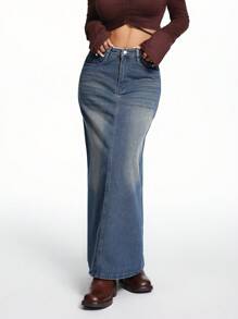 SHEIN ICON 女性休閑長款牛仔裙，適用於海灘度假 - 中等水洗藍 - 查看 6