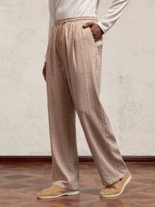 AKNOTIC Business Casual Men's Woven Plaid Loose Casual Drawstring Waist Mid-Rise Straight Wide Leg Khaki Pants, With Contrast Drawstring, Contrast Letter Leather Patched