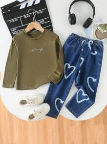 SHEIN 2pcs/Set Girls Casual Round Neck Long Sleeve Letter Print Fitted T-Shirt And Waist Elastic Jeans Heart Print Pants Set, Spring/Autumn - Army Green - View 4