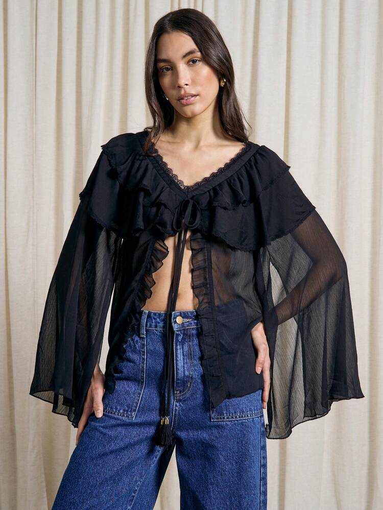 Sheer Frill Tie Front Cape Detail Blouse