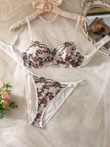 Floral Rose Embroidered Lace Romantic Countryside Lingerie Set - Multicolor - View 1