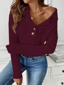 SHEIN LUNE Áo len nữ dài tay, màu trơn, cài cúc phía trước, kiểu dáng tối giản, thích hợp mặc mùa thu đông. - Màu Đỏ Sâu - Xem 5