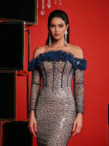 Glamrae Elegancka sukienka z odkrytymi ramionami, dekoltem 3D, miseczkami na biust, usztywniana talią i ściągaczem w kształcie rybiego ogona, odpowiednia na wesela, imprezy, ukończenia szkoły, bale maturalne, nieformalne wieczorne wydarzenia, sukienka dla gości weselnych, sukienka na imprezę, suknia - Granatowy - Zobacz 2