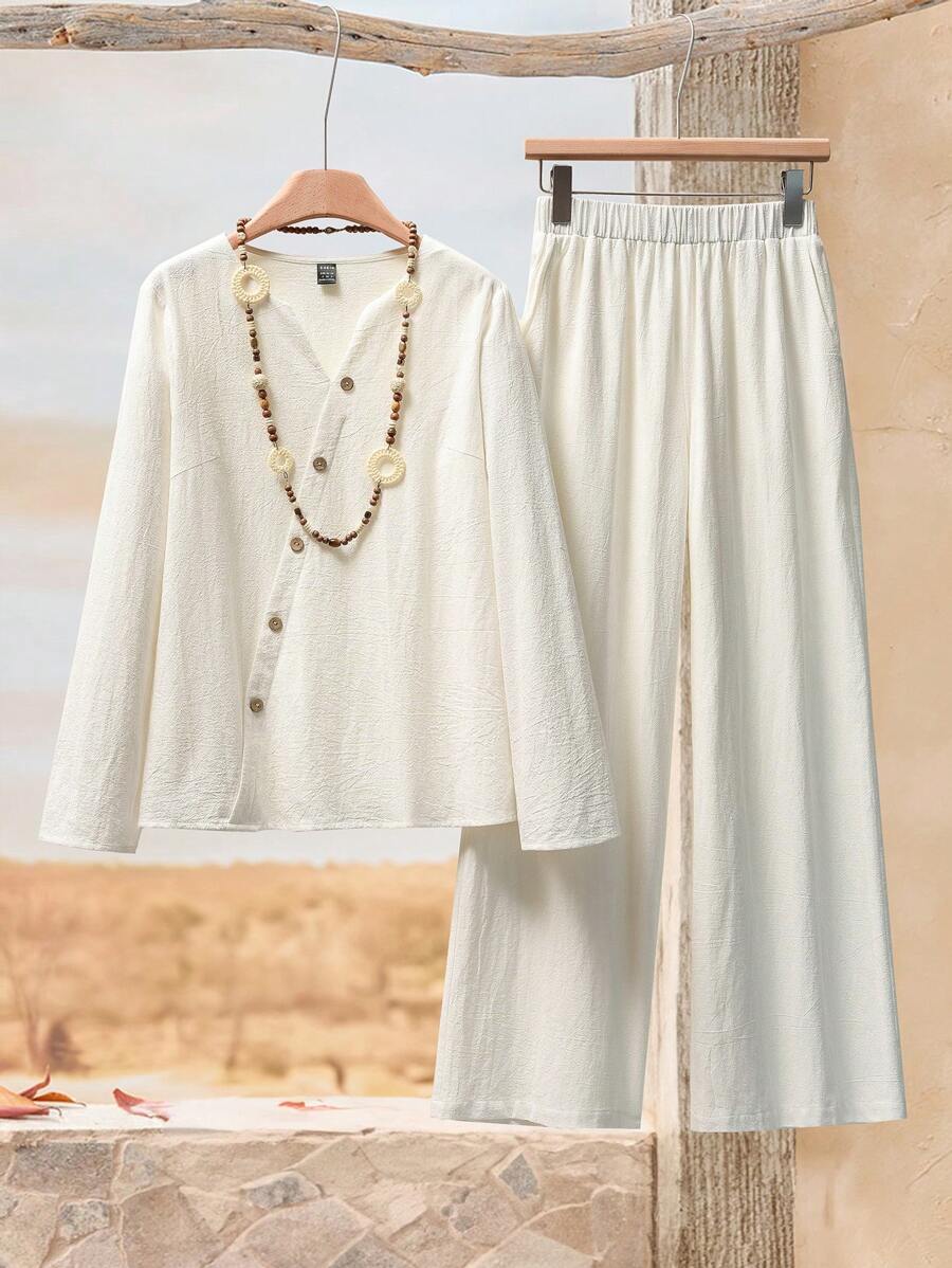Rusticease 2 pièces Ensemble Top à manches longues et pantalon large décontracté ample, couleur unie, style automnal pour femmes - Blanc - Voir 1