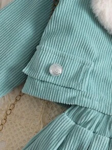 SHEIN 2pcs Baby Girls Spring Autumn Furry Collar Short Jacket And Pleated Skirt Set, Suitable For Outings