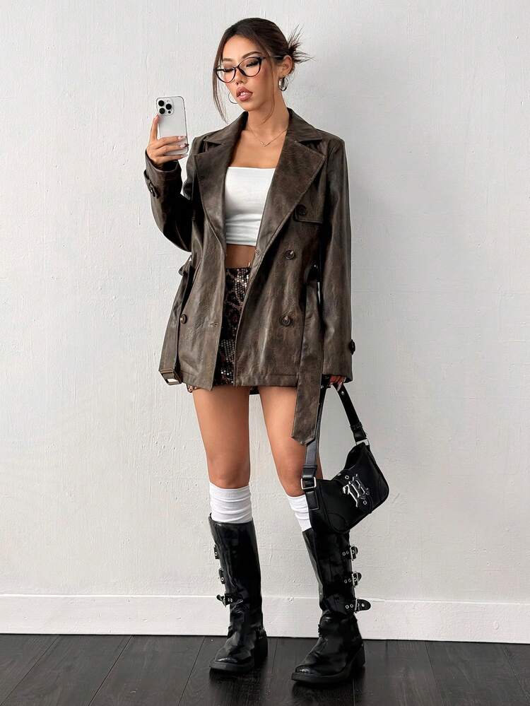 SHEIN EZwear 女士棕色时尚街头风格新款双排扣仿皮夹克（配腰带） - 棕色 - 查看 6