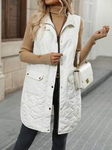 EMERY ROSE Women Winter Solid Color Zipper Collar Cargo Pocket Casual Padded Vest - White - View 5