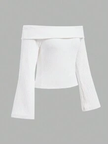 Teenage Girls Elegant Off The Shoulder Flared Sleeve Crop T-Shirt Top , Suitable For Spring And Autumn