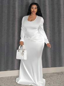 Slaydiva Đầm dự tiệc sang trọng cổ chữ V tay dài cho nữ cỡ lớn - trắng - Xem 3