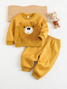 Cozy Pixies 2 件装男婴/女婴卡通熊耳朵装饰混合面料长袖连帽衫和慢跑裤套装，秋冬 - 彩色 - 查看 8