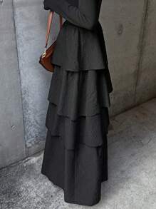 FRIFUL Váy dài tay họa tiết bèo nhún đơn giản, tối giản dành cho nữ, mùa thu, quần áo nữ mùa thu - màu đen - Xem 6