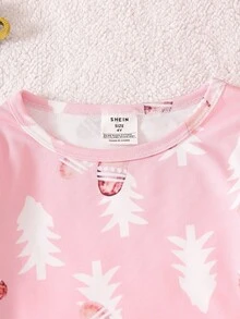 2 peças/Conjunto Pijama Rosa Ajustado Estampa Pão de Mel Menina Jovem, Tecido Quente e Confortável, Combinação Familiar, Perfeito para Festa de Natal, Sessão de Fotos de Férias - Rosa Bebê - Visão 6