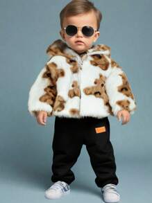 SHEIN 可爱舒适毛绒卡通熊印花连帽夹克，带熊耳朵，适合男婴/女婴，适合秋冬季室内外穿着 - 白色 - 查看 4