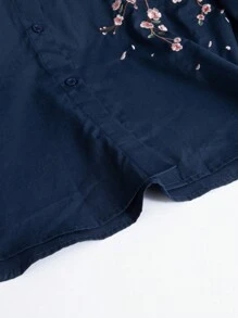 Modelyn 女士休闲花卉刺绣长袖衬衫 - 藏蓝色 - 查看 6