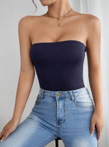 SHEIN PETITE 纯色紧身衣，紧身，无袖，适合夏季 - 藏蓝色 - 查看 4