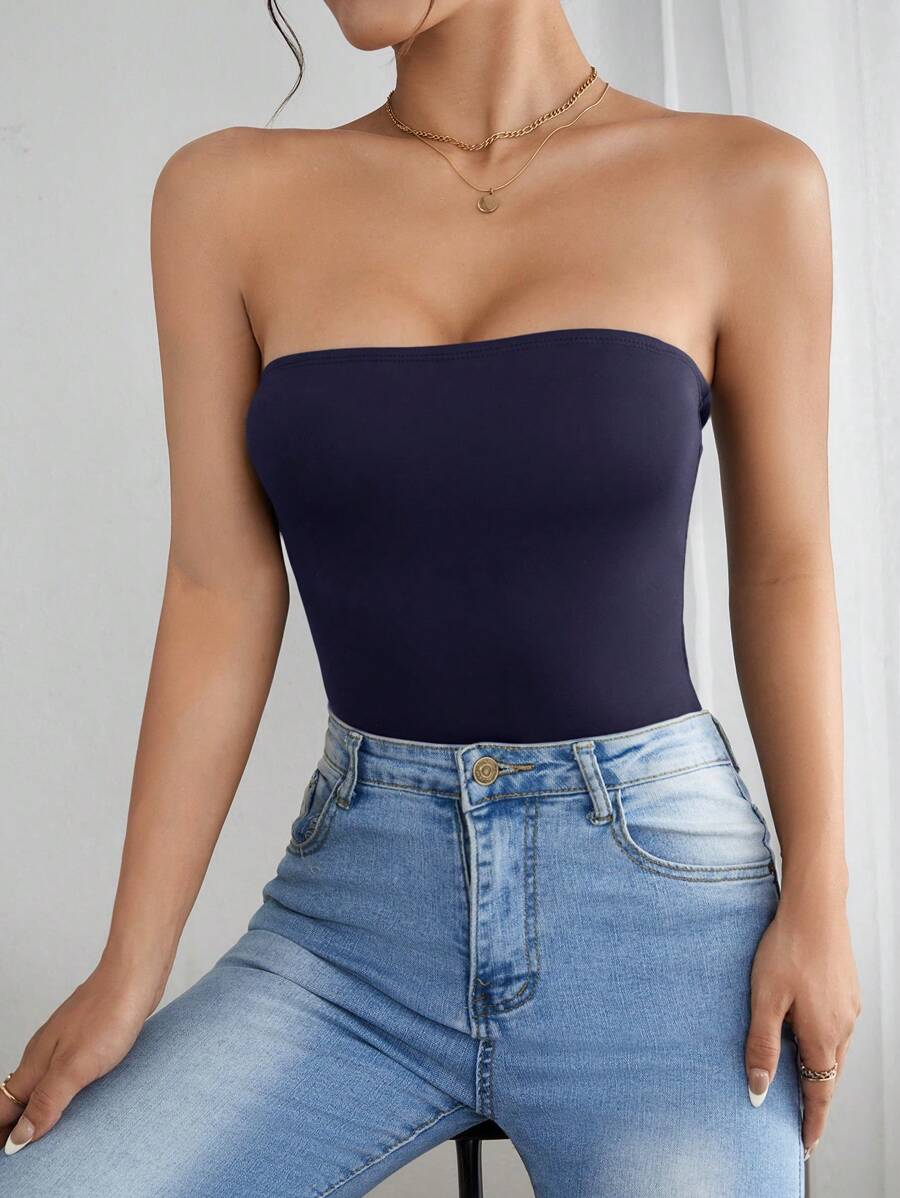 SHEIN PETITE Solid Color Bodysuit, Tight Fit, Sleeveless, Suitable For Summer ,Petite Women - Navy Blue - View 1