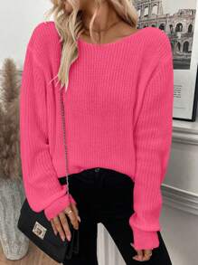 EMERY ROSE Femei culoare solidă guler rotund mânecă lungă Hollow-Out Splice minimalist casual pulover tricotat pulover toamna iarna - Roz fierbinte - Vizualizare 6