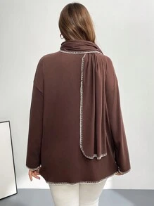 SHEIN Privé Plus Size Women's Brown Scarf Vest&Long-Sleeved Cardigan 3-Piece Set,Autumn Winter Casual Office Fashion Loose Comfortable Thermal Coats Curve Tops - Brown - View 2