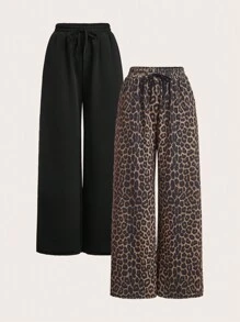 SHEIN EZwear Women's New Solid And Leopard Print Track Pants, 2 Packs - Black - View 1