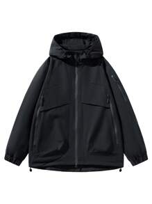 Manfinity Sport Corelite Boyfriend Style Men's Casual Solid Color Drawstring Hooded Sports Jacket, Waterproof Outdoor Long Sleeve Full Zip Up Active Wear Sports Jacket