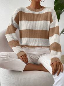 Chiquease Áo len dài tay cổ tròn phối màu kẻ sọc, kiểu dáng thường ngày, đa năng, thích hợp cho mùa thu đông. - Nhiều màu - Xem 4