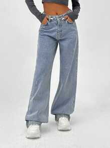 EURMUSE HIGH RISE WIDELEG CUT RIPPED DETAIL WOMEN JEAN - Medium Wash - View 3