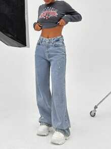 EURMUSE HIGH RISE WIDELEG CUT RIPPED DETAIL WOMEN JEAN - Medium Wash - View 5