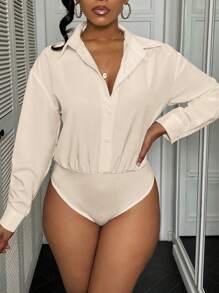 VaVaBold 1 Bộ đồ liền thân đơn giản màu trơn cổ xếp ly phía trước thanh lịch dáng rộng có tay dài - Màu be - Xem 5