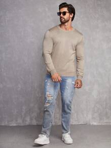 Manfinity Homme Áo len nam Khối Màu Giải trí - Màu Khaki - Xem 4