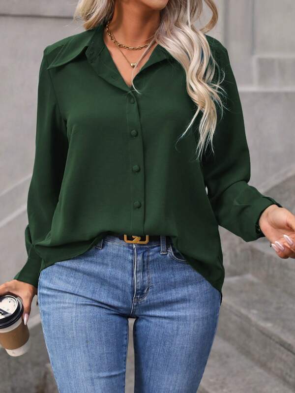 Breezaya Plus Size Women Single Breasted Casual Long Sleeve Shirt