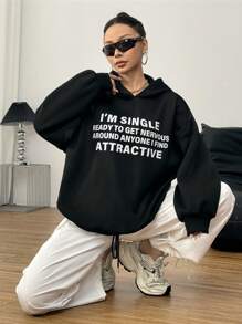 SHEIN Unity 女士抓绒超大款连帽衫，印有性感图案，秋季运动套头衫 - 黑色 - 查看 4