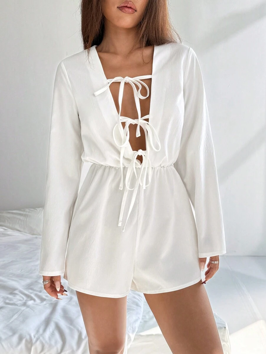 Flirla 女式编织镂空系带长袖连体裤 - 白色 - 查看 1