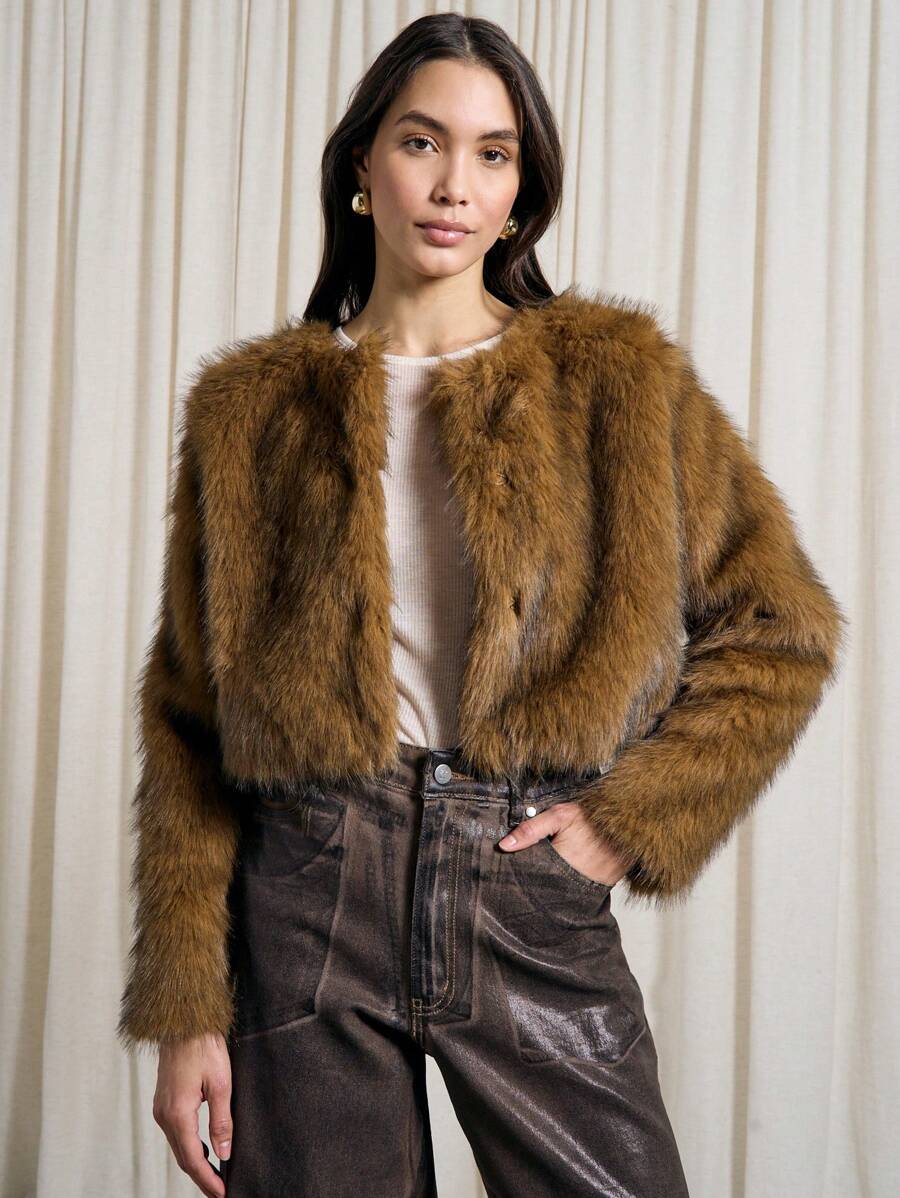 AiiRZ Luxurious Faux Fur Cropped Jacket Plush Short Coat Winter Fall Outerwear Soft Fluffy Cozy Fashion Forward Party Evening Sophisticated Style - Multicolor - View 1