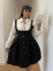 Flirla Casual Minimalist Long Sleeve College Style Dress - Black - View 4