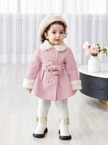 SHEIN Baby Girl Warm & Fashionable Furry Collar Mid-Length Belt Coat, Autumn/Winter Clothes - Multicolor - View 7