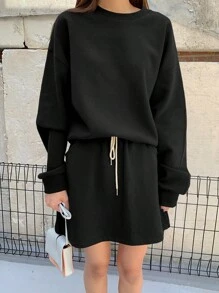 DAZY Set de 2 piezas de mujer compuesto por sudadera holgada de cuello caído y unicolor, y falda, conjunto informal