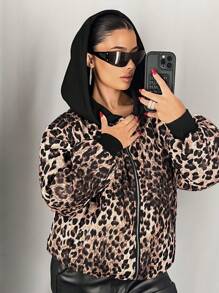 SHEIN ICON Oversized Leopard Print Patchwork Hooded Padded Coat - Brown - View 3