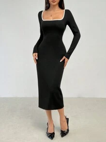 SHEIN PETITE Đầm ôm body cổ vuông tay dài màu đen trắng đơn giản thanh lịch dành cho nữ khi đi làm - màu đen - Xem 8