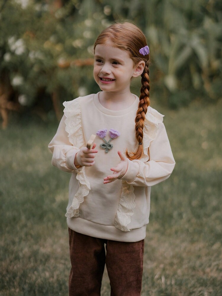 SHEIN Sudadera linda con cuello redondo, manga larga, volantes y aplicación floral para niña, para primavera y otoño - Verde Oscuro - Añade 3