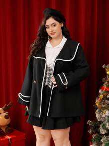SHEIN MOD Plus Size Vintage Style Black Color Block Lapel Waist Tie Jacket - Black - View 5
