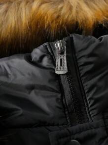 Manfinity Homme Men's Solid Color Fluffy Patchwork With Pockets Long Sleeve Padded Coat, Winter Going Out Casual Color Block Quilted Winter Coat, For Friends, Husband, Boyfriend Gifts - Black - View 7