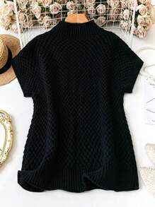 SHEIN LUNE Top de Malha Preta Básica com Gola Redonda e Manga Curta para Outono/Inverno, Tamanhos Grandes - Preto - Visão 2