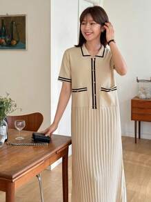 DAZY Váy len kẻ sọc tay ngắn cài nút cho nữ có xếp ly - Màu be - Xem 4