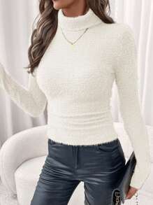 SHEIN Clasi 冬季优雅女士温暖舒适长袖高领仿毛衣弹力修身T恤 - 杏色 - 查看 3