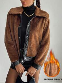 SHEIN Essnce Women's Chocolate Brown Winter Coat Thermal Winter Coat Colorblock Trim Front Button Fluffy Lined Keep Warm Winter Coat Winter Women Clothes Winter Women Coat Winter Outfits Winter Jacket