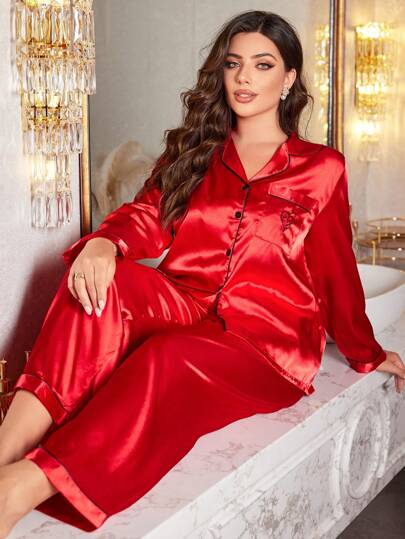 LuxeNights Conjunto de pijama de top y pantalones de talla grande con cuello vuelto, bolsillos y bordado, de seda sintética, cómodo y elegante, ropa de otoño